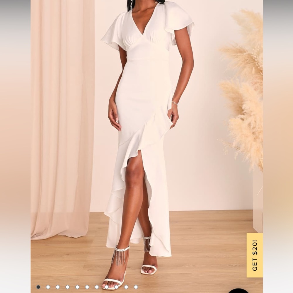 Lulu’s Eternal Bond White Satin Ruffled Flutter Sleeve White Maxi Dress